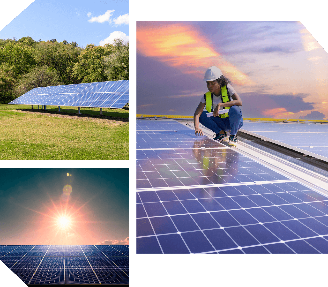 Group 42 (1) Three images featuring solar panels: top left shows panels in a grassy area, bottom left captures sunlight over panels, and right shows a worker inspecting panels with sunset sky in the background.