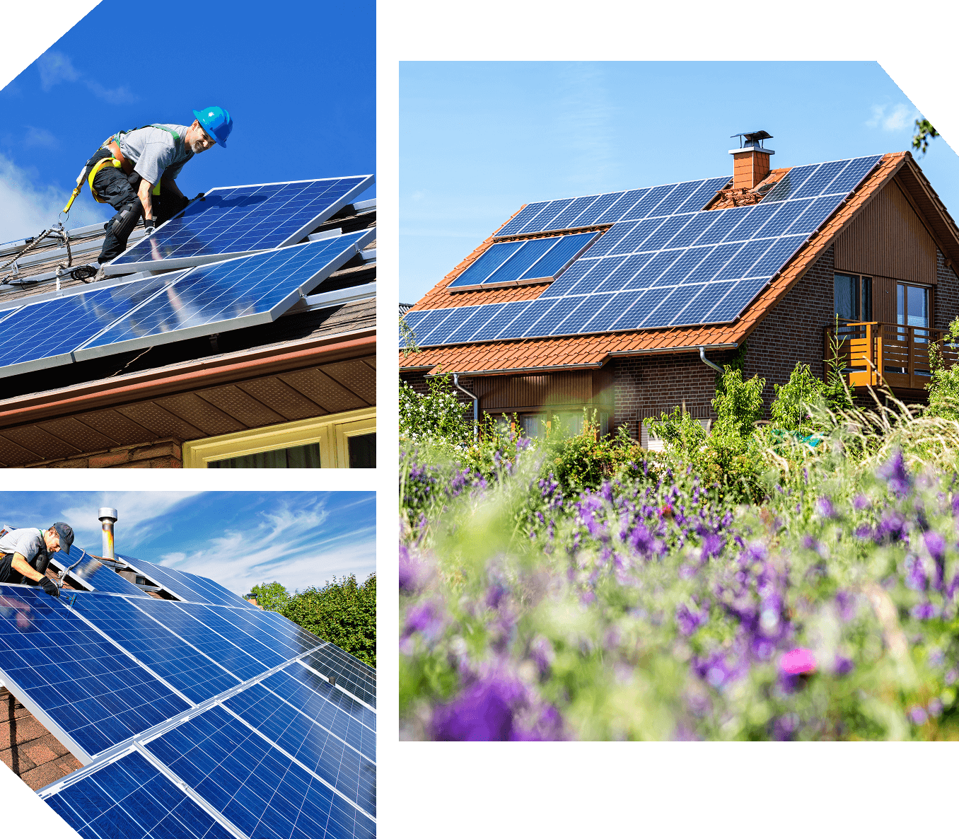 Group 42 (2) Workers install solar panels on two rooftops, with a third image showing a solar panel-covered house surrounded by flowers.