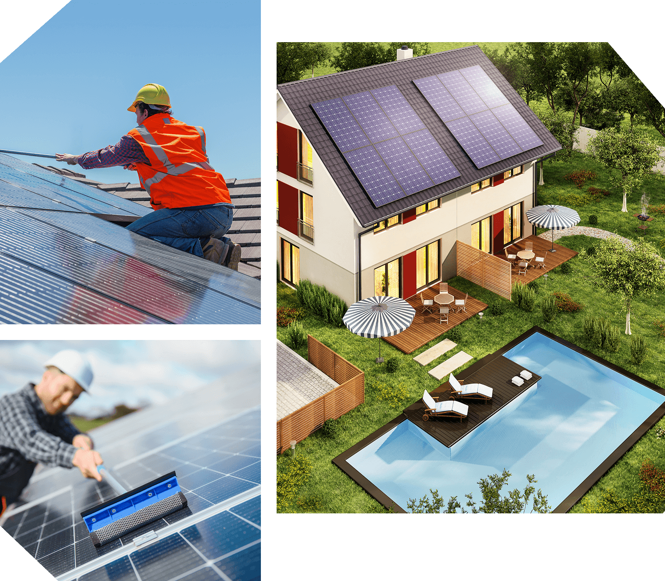 A worker installs solar panels on a roof; a house with rooftop solar panels and a pool; a close-up of a person measuring a solar panel.