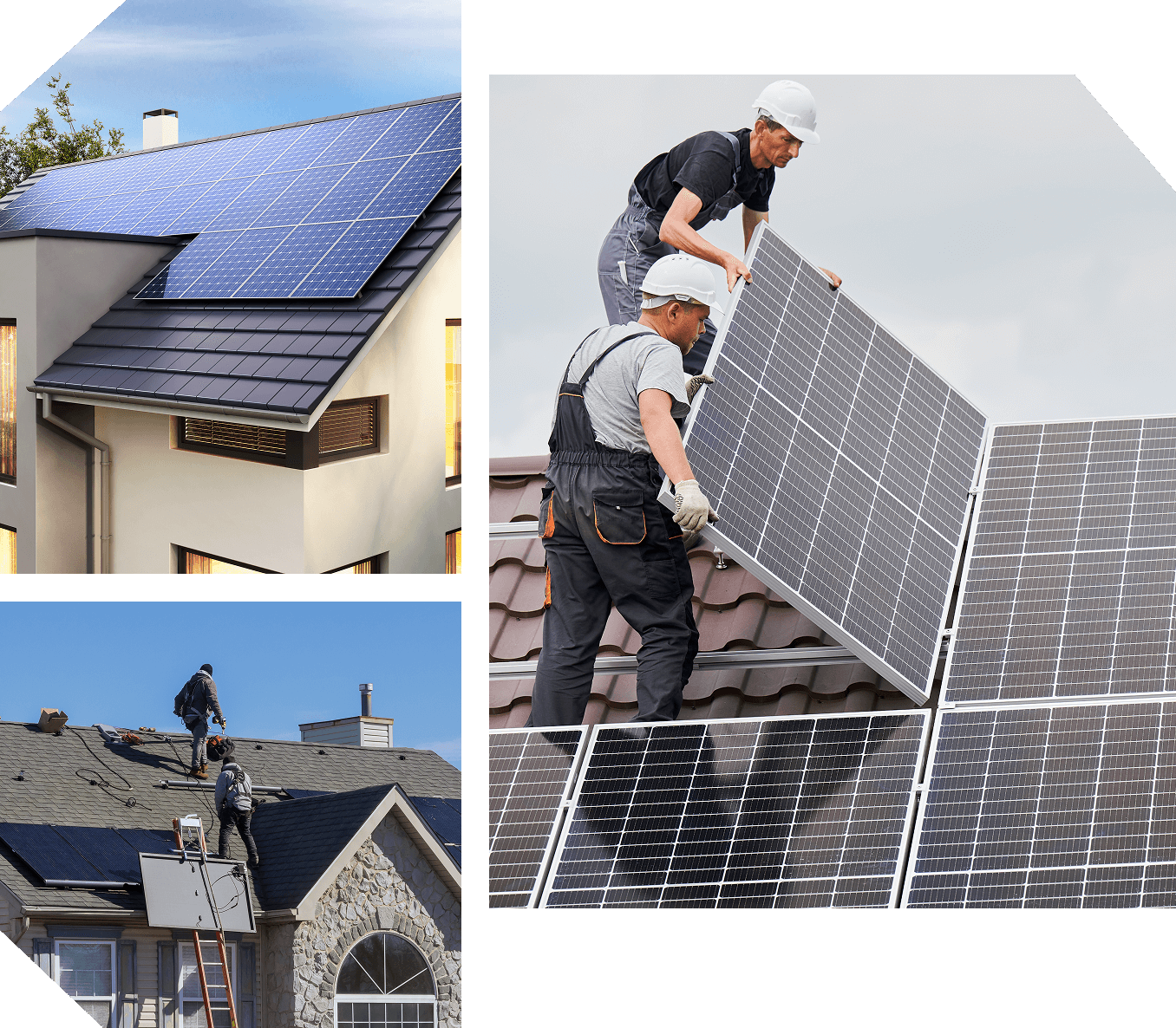 Group 50 Three images show solar panel installations: two workers placing panels on a roof, a completed roof with solar panels, and technicians on a roof with solar panels and equipment.
