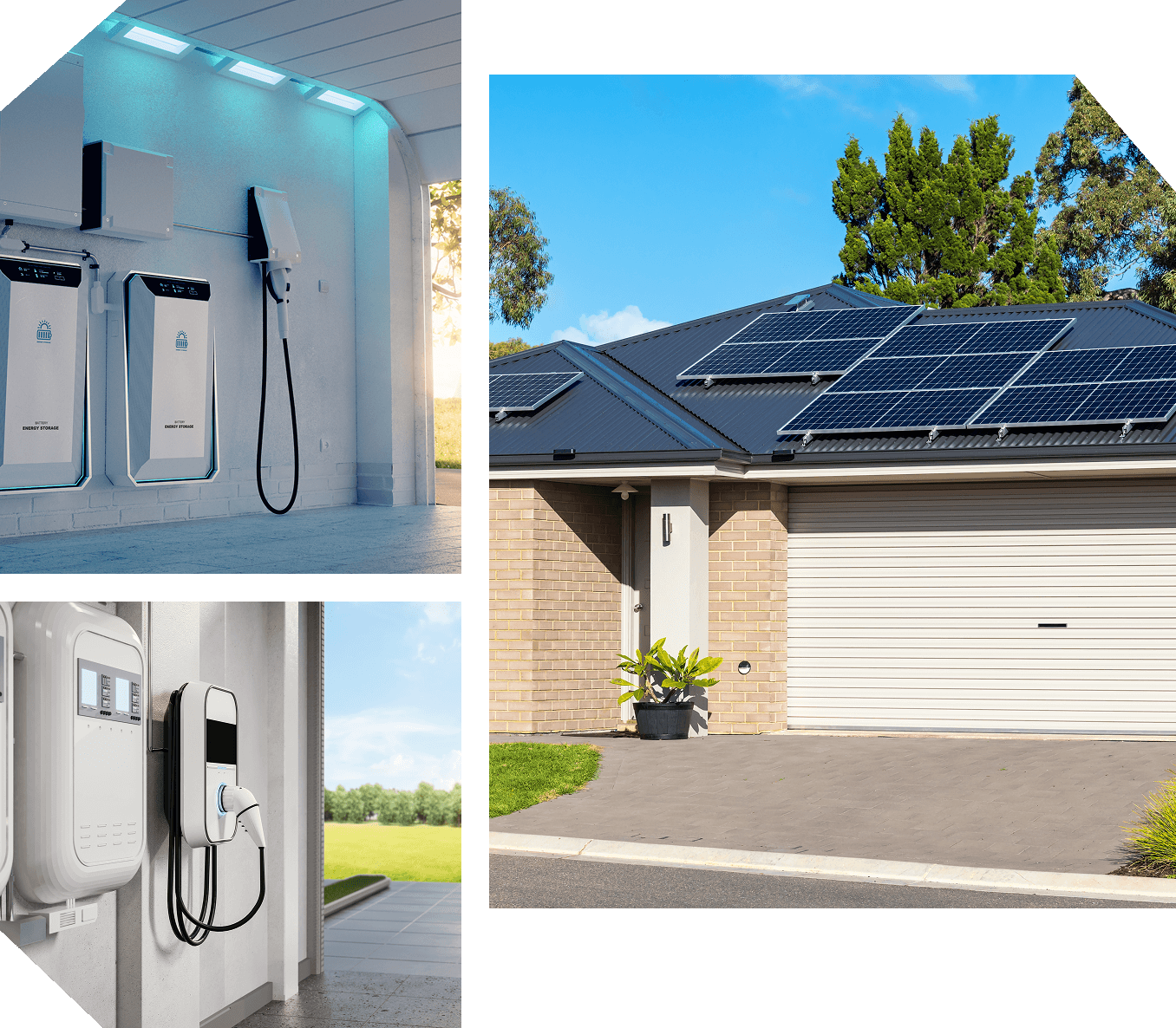 Group 51 Collage showing solar panels on a house roof, electric vehicle chargers installed in a garage, and an outdoor charging unit with greenery in the background.