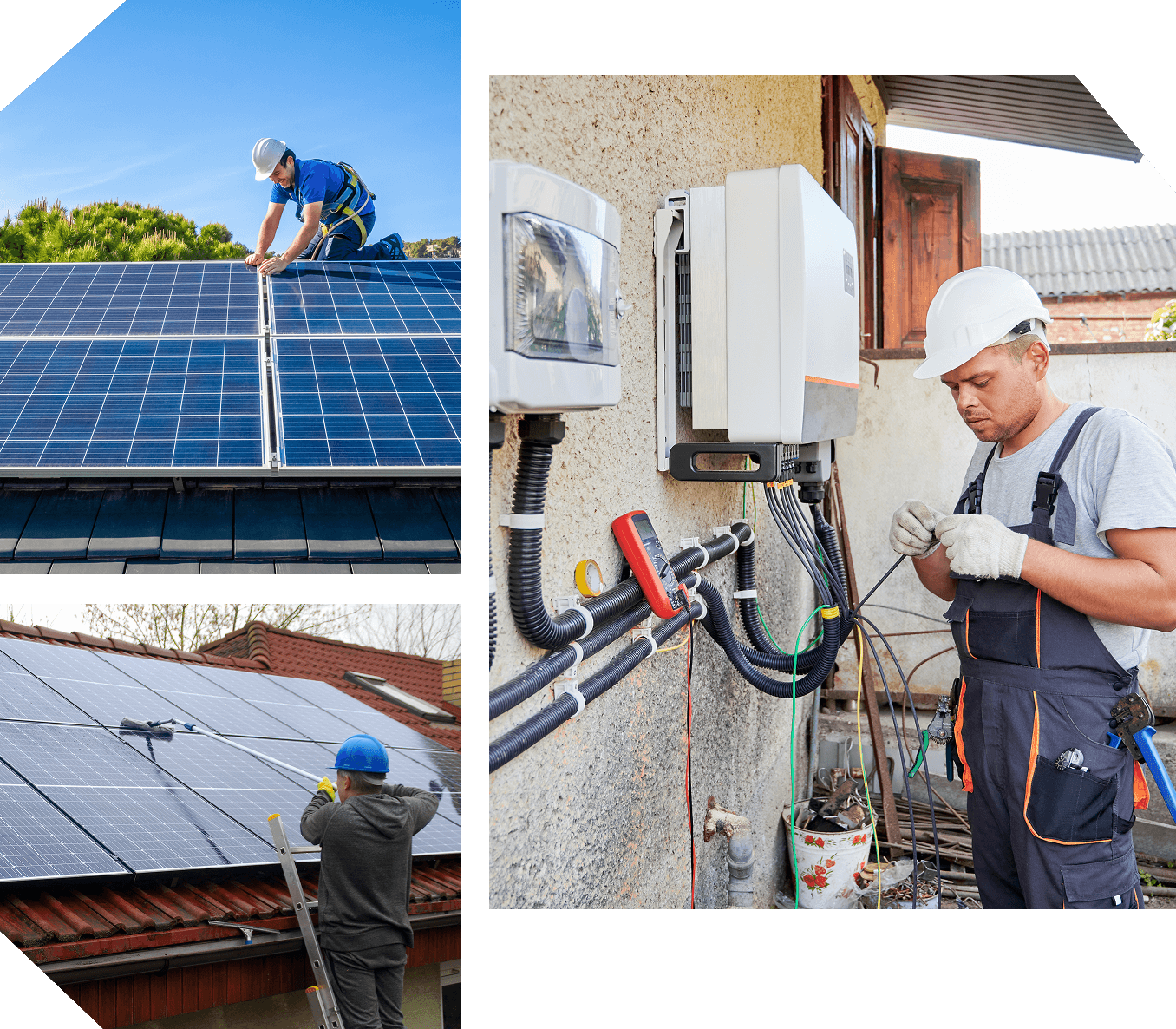 Group 52 Three images: Top left shows a worker installing solar panels. Bottom left shows a worker checking solar panels on a roof. Right shows a worker handling electrical connections near a wall-mounted device.