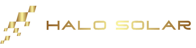 Gold logo with the text "HALO SOLAR" and diagonal lines resembling a sunbeam on the left.